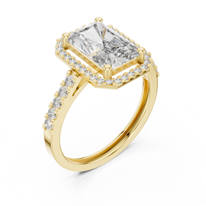 Anillo de compromiso de oro amarillo con diamante de corte ovalado y halo, joyería de boda con acento de diamante redondo brillante y corte radiante - Product Image 4