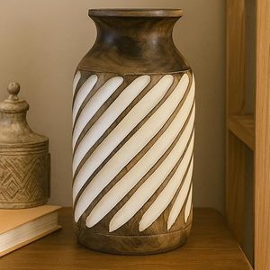 Handmade Mango Wood Tabletop Vase Round Decorative Flower Vessel Carved Wooden Ornament for Home Gift - Product Image 2