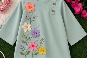 Ensemble haut et short en coton brodé de fleurs vert menthe pour femmes, tenue décontractée printemps-été - Product Image 2