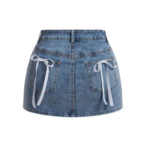 2026 High Waist Pleated Denim Skirts for Women Raw Hem A-<b>Line</b> Mini <b>Jean</b> Skirt Wholesale Custom Logo Skirt - Product Image 2