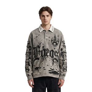 Suéter Polo Gris Plateado de Alta Calidad, Algodón Terry Transpirable, Diseño Gráfico de Estrellas, Cuello Polo Plegado, Manga Larga, Sudadera de Invierno - Product Image 1
