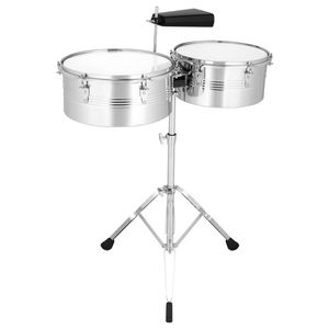 Set di Timbales Argentati da 13 e 14 Pollici con Supporto e Campanaccio per Appassionati di Musica - Product Image 1