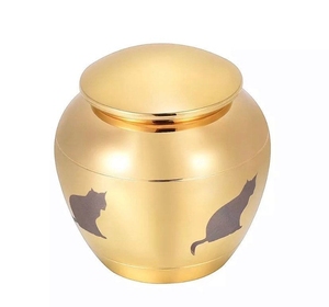 Glossy Gold Brass <b>Cat</b> <b>Urn</b> Custom Engraved Kitty Silhouette Funeral Ashes Container Wholesale - Product Image 1