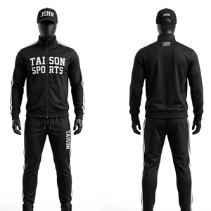 Premium 280 GSM Polyester Fleece Boxing <b>Tracksuit</b> Black Slim Fit <b>White</b> Side Panel Custom Heat Transfer Logo - Product Image 1