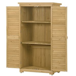 Casetta da Giardino a 3 Livelli in Legno con Design a Persiana in Abete, Armadio Contenitore da Esterno per Patio, Organizer con Serratura - Product Image 4
