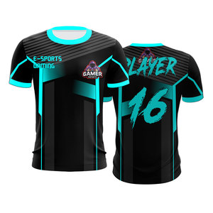 เสื้อแข่งเกมเมอร์อีสปอร์ต สีดำ-ฟ้า พิมพ์ลายแบบซับลิเมชั่น แห้งเร็ว ผ้าโพลีเอสเตอร์ 100% คอกลม ยูนิเซ็กส์ สำหรับผู้ใหญ่ ชุดทีม - Product Image 1
