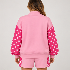 Conjunto Deportivo Casual Personalizado de 2 Piezas para Mujer, con Mangas con Estampado de Lunares Rosas y Cuello Alto Simulado - Product Image 2