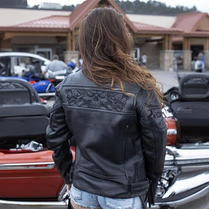 SAMROZ SPORTS Women's Crossover Black Leather Scooter Jacket w/Reflective Skull Graphic - Product Image 2