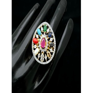 Radiant Best Quality Brass Gold White Finish Navratana Zircon Studded Women's Trendy Designer <b>Ring</b> <b>Adjustable</b> for Party Wedding - Product Image 1