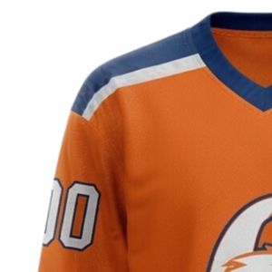 Maillot de hockey sur glace sublimé orange et bleu pour homme, en polyester imprimable, col en V, manches longues, tenue de sport performante pour équipe - Product Image 5