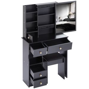 High Capacity Storage F Makeup <b>Vanity</b> <b>Table</b> Extra Large Sliding Mirror Cushioned <b>Stool</b> Small Size Left Drawer-Multi Layer - Product Image 6