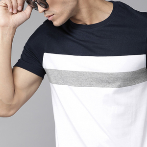 Camiseta de Manga Corta para Hombre, Cuello Redondo, Tejido de Punto, Bloques de Color, Ribete en Contraste, Corte Ajustado, Estilo Casual, Blanco y Azul Marino - Product Image 5