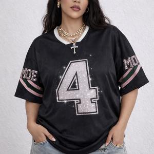 Maillot de football américain personnalisé rose et noir avec strass pour femme, coupe oversize, manches courtes, style streetwear Y2K, brillant, vente en gros OEM - Product Image 6