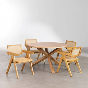 Modern Style Teak Wood <b>Dining</b> Table with <b>4</b> <b>Chairs</b> Outdoor Garden Furniture Rattan Synthetic <b>Chair</b> Design - Pollensa - Product Image 2