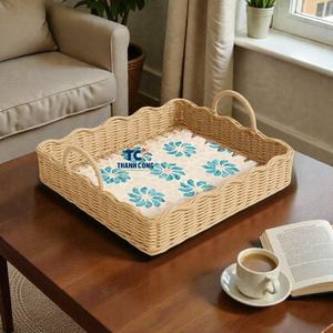 Plateau en rotin de nacre festonné de haute qualité, produit artisanal décoratif pour le style d'intérieur, plateau incrusté de perles - Product Image 1