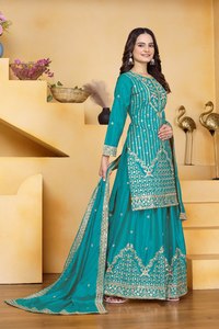 Ensemble de robe traditionnelle indienne pakistanaise en soie chinon brodée jaune pour femmes, robe longue à coupe régulière - Product Image 5