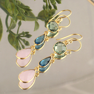 Designer pink chalcedony & quartz <b>hook</b> <b>earrings</b> handmade multiple shape bezel set gemstone drop dangle fashion briolette jewelry - Product Image 2