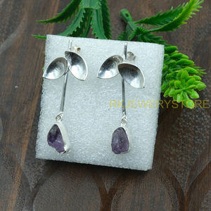 Boucles d'oreilles pendantes en améthyste brute naturelle, faites à la main, en argent sterling 925, avec pierres précieuses en cristal violet, bijoux bohèmes pour femmes, cadeau - Product Image 5