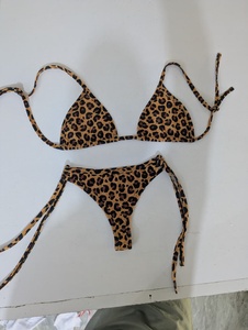 Ensemble de bikini imprimé léopard, haut triangle à nouer, bas brésilien, maillot de bain extensible 2 pièces pour femme - Product Image 1