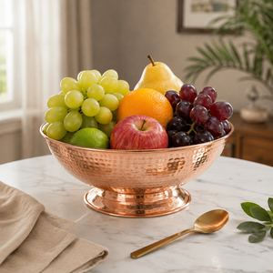 Bol à fruits en cuivre fait main, martelé, sur piédestal, pour service, centre de table décoratif, décoration intérieure, cadeau, vente en gros, OEM, en vrac, B2B - Product Image 2