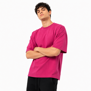 Camiseta de algodón de manga corta con cuello redondo, color rosa liso, estilo casual, de punto jersey, teñido liso, para hombre, talla grande - Product Image 6