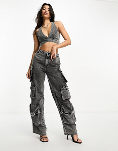 High Quality OEM Denim <b>Parker</b> Pants for <b>Women</b> Acid Washed Box Pockets Low Waist Hip Hop Fashion Flared Oversized Trousers - Product Image 1