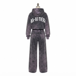 Conjunto de Sudadera Corta y Pantalones Jogger de Pierna Ancha para Mujer, Estilo Acid Wash Gris Oscuro, de Algodón y Felpa, Ropa Deportiva Urbana, Venta al Por Mayor OEM - Product Image 3