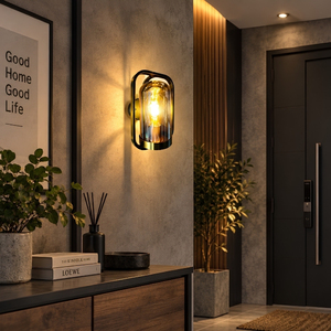 Applique murale ovale moderne en cuivre noir, abat-jour en verre capsule ambré, luminaire mural intérieur/extérieur - Product Image 5