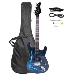 Guitarra Eléctrica Estilo Relámpago en Negro y Azul Oscuro con Cable de Alimentación, Correa, Funda y Púas - Product Image 2