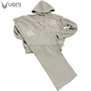 Fabricante personalizado invierno desgastante parche Rhinestone 2PC acampanados pantalones de chándal con capucha lavado ácido recortado chándal conjunto 100% algodón - Product Image 4