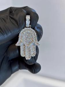 Pendentif main Hamsa unisexe de luxe en moissanite sertie en canal, style Hip Hop, plaqué rhodium, bijoux spirituels - Product Image 2