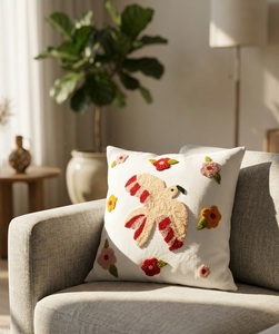 Delicate and Playful Floral-Bird Patterned <b>Cushion</b> <b>Cover</b> with Rich Textured Details - Product Image 2