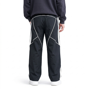 Men Nylon Panel Design Track <b>Pants</b> Elastic Waist Loose Straight Fit Contrast Piping Streetwear OEM Custom Manufacturing - Product Image 3