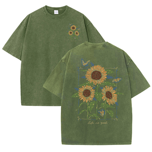 For Oversized <b>Sunflower</b> Printed 100% Cotton Hip Hop Washed <b>Men's</b> V-neck Half Sleeve Solid Regular Fit Breathable Quick Dry - Product Image 3