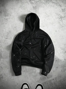 Sudadera con capucha extragrande de alta calidad con gráfico de rayo de diamantes de imitación negros, forro polar grueso, estilo casual urbano para hombre - Product Image 1