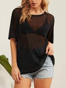 Camiseta de malla negra transparente para mujer, tallas grandes, servicios de pedidos al por mayor OEM, camisetas de malla de red de manga corta personalizadas y ecológicas - Product Image 4