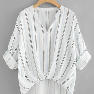 Blusa a Rayas Vintage Sexy para Mujer, Cuello en V, Manga Corta, Hombros Descubiertos, Botones, con Volantes, Top de Moda - Product Image 1