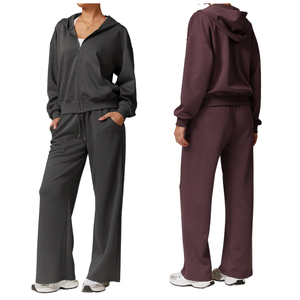 Ensemble de survêtement à capuche pour femmes, coupe ample, couleur unie, avec poches latérales, fermeture éclair, style décontracté d'automne - Product Image 1