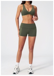 Olive Green 2Piece Yoga Set Racerback <b>Crop</b> <b>Top</b> High Waist Flared Pants Breathable Spandex Polyester Solid Color Contrast Binding - Product Image 4