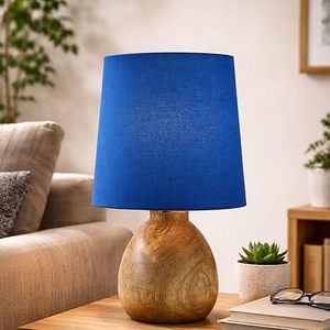Lampe de sol moderne en bois artisanal bleu avec abat-jour en lin, lumière ambiante chaude décorative pour chambre à coucher, salon - Product Image 4