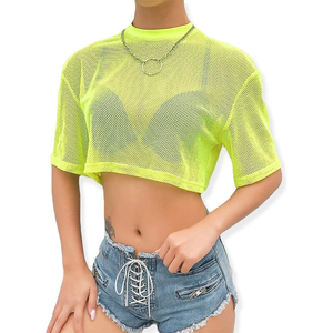 Nueva Camiseta de Malla para Mujer, Cuello Alto, Jersey Regular, Transparente, con Logotipo y Talla Personalizados, Manga Corta, Verano, Casual, Lisa, Teñida - Product Image 1