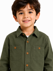 Kids Olive Green Cotton Shirt Full Sleeve Casual Button <b>Down</b> Shirt Boys Collared Utility Shirt Double Pocket Shirt Soft Fabric - Product Image 2