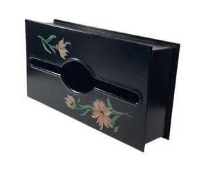 Toleware Black Metal Tissue <b>Box</b> Hand Painted Pink White Flowers Vtg 10.5 in - Product Image 2
