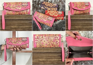 OEM ODM Hand Tooled Leather Clutch for Women's Floral & 777 Design Cowhide Fur Leather Card Holder Luxury Wristlet Wallet <b>Purses</b> - Product Image 2