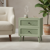 Table d'appoint moderne et écologique à 2 tiroirs en bois de caoutchouc et placage de chêne MDF avec détails en rotin, table de rangement pour salon