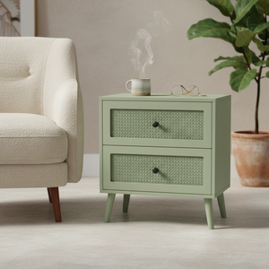 Mesa Auxiliar Moderna Ecológica de 2 Cajones de Madera de Caucho y MDF con Chapa de Roble y Detalles de Ratán, Mesa de Almacenamiento para Sala de Estar - Product Image 3