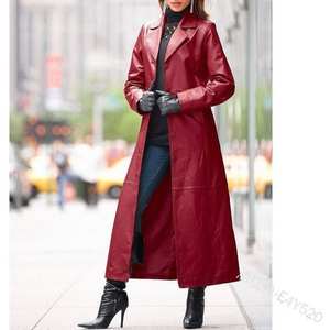 Manteau long en similicuir PU pour femme, trench-coat classique avec ceinture, vêtement d'extérieur élégant pour la mode automne-hiver - Product Image 2