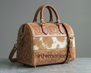 Sac fourre-tout en cuir véritable, gravé à la main, motif floral, avec fermeture éclair, sac à bandoulière, pompon en coton, mode, shopping, quotidien - Product Image 2