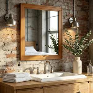Classic Rectangular Solid Wood Wall Mirror <b>Framed</b> Border Natural <b>Oak</b> Timber Bathroom Vanity Living Room Decor Artwork Object HDs - Product Image 2