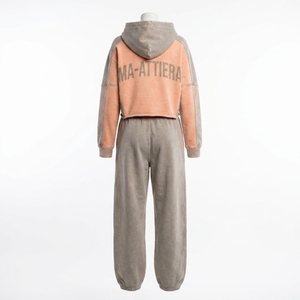 Custom Women Two Tone <b>Cropped</b> Hoodie <b>Jogger</b> Set Cotton Fleece Casual Streetwear Tracksuit OEM Wholesale - Product Image 3